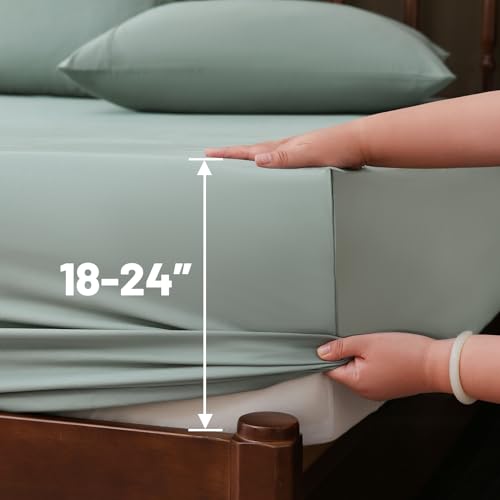 Image of Extra Deep Pocket King Sheets 18-24 Inch 100% Egyptian Cotton 1000 Thread Count Sateen Weave Soft Breathable 4 Pieces(King,Sage Green)