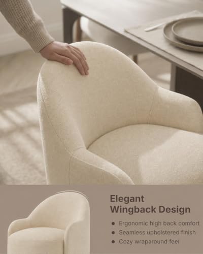 Image of KISLOT Upholstered Dining Chairs Set of 4 with Caster, Pre-Assembled, Sand | Modern Dining Room Chairs with Wheels, Rolling Vanity Chair with Round Backrest for Kitchen, Bedroom, Dressing, Linen Fabric