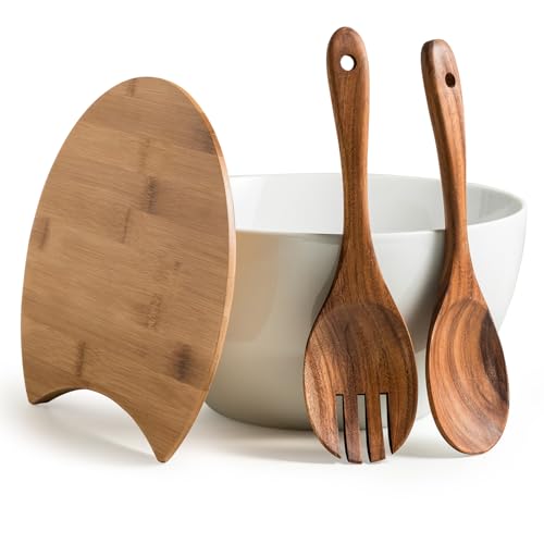 LAUCHUH 5 Quarts Extra Large Salad Bowl with Lid & Servers Porcelain Oversized Serving Bowls Set 10.7" Mixing Bowl Set with Utensils for Salad, Preparing, Pasta, Popcorn, Chips, Fruit, Vegetables