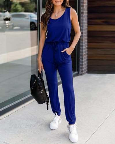 KIRUNDO Women 2026 Summer Jumpsuits Casual Sleeveless Drawstring Elastic Waist Romper Vacation Cruise Airport Travel Outfits(Blue, Small) — view 3