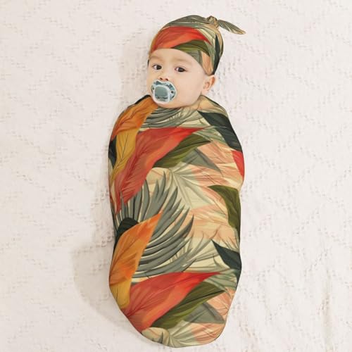 Image of Modern Desert Leaf Newborn Swaddle Blankets Hat Sets Soft Baby Receiving Blanket Swaddle Sack for Baby Shower Infant Boy Girl Gift