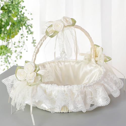 Flower Baskets for Wedding Fairy Lace Bowknot Wedding Flower Basket with Foldable Handle Satin Rose Artificial Crystal Decorative Baskets for Home Decor Storage Basket Party Supplies (1 Pcs) by Ncozwo - Image 6