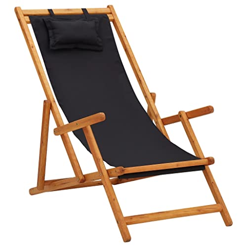 vidaXL Silla de Playa Plegable Asiento Reclinable Piscina Camping Hamaca Tumbona Jardín Patio Balcón Tela Negra Madera Maciza de Eucalipto
