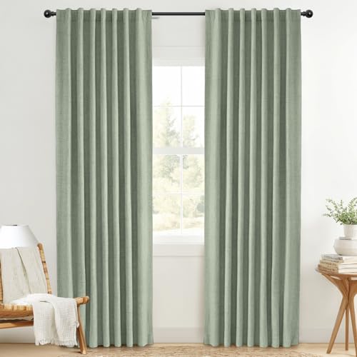 INOVADAY 100% Blackout Curtains 90 Inches Length 2 Panels Set, Back Tab/Rod Pocket Linen Black Out Curtains for Bedroom, Thermal Insulated Window Drapes - Sage Green, W50 X L90