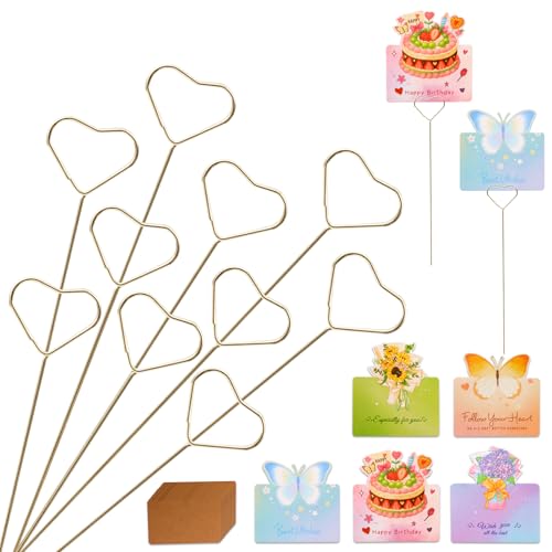 10Pcs 11.8 Heart Floral Picks Card Holders with 15 Greeting Cards Golden Metal Florist Flower Bouquet Accessories Supplies Photo Place Gifts Card Tree Clips Sticks Ideal for Birthday Wedding Party