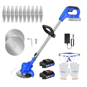 21V Coupe Bordure sans Fil avec Batterie, Coupe-Herbe électrique,Débroussailleuse à Gazon sans balais,Tête Orientable à 90°, Hauteur Réglable(2xbatteries /Bleu)