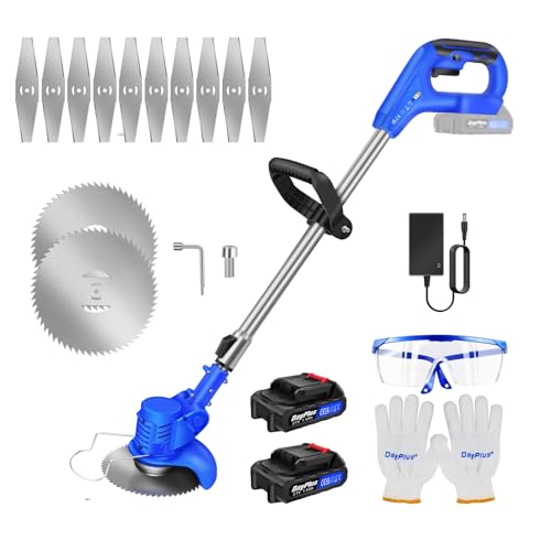 21V Coupe Bordure sans Fil avec Batterie, Coupe-Herbe électrique,Débroussailleuse à Gazon sans balais,Tête Orientable à 90°, Hauteur Réglable(2xbatteries /Bleu)