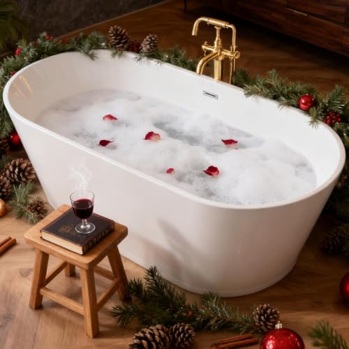 55' Oval Freestanding Soaking Bathtub with Toe-Tap Chrome Drain, Stand Alone Tub, Acrylic Soaking Tub, Ergonomic (Gloss White, 55')