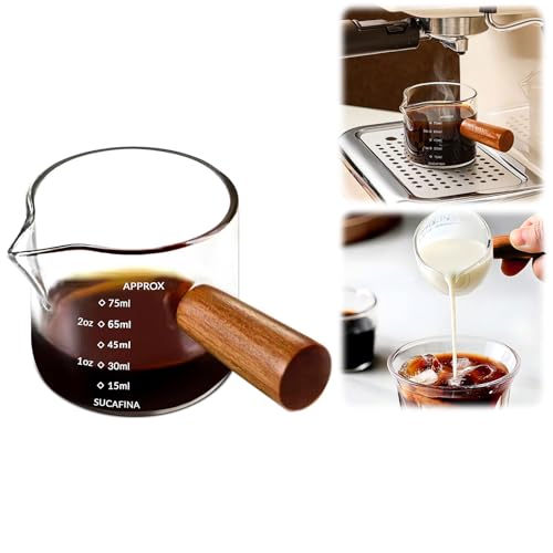 Paquete de 2 tazas de espresso con mango de madera, accesorios de espresso de vidrio transparente, taza medidora de vidrio con doble escala, vaso de chupito espresso con boquilla en forma de V de 100