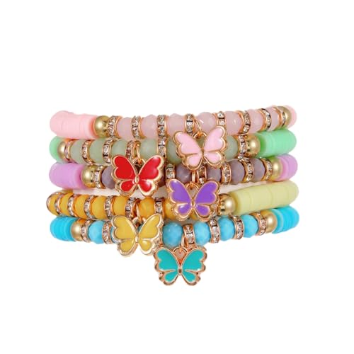 Image of COLORFUL BLING 4-5Pcs Adjustable Cute Butterfly Stackable Stretch Bracelet Multilayer Bohemian Crystal Beads Strand Wrap Bracelet Statement Jewelry Gifts for Women