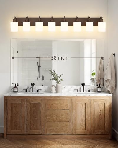 Image of 8-Light Wall-Mounted Vanity Fixture, Frosted Glass Over Mirror Lighting, Oil Rubbed Bronze Finish,VL01ORBW-8