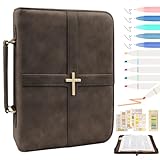Premium Leather Bible Cover Case with Cross Design and Handle for Men Women, Durable Bible Study Supplies Organizer Carrying Bag, Perfect Christmas Gifts for Christians with Gift Box（Dark Brown
