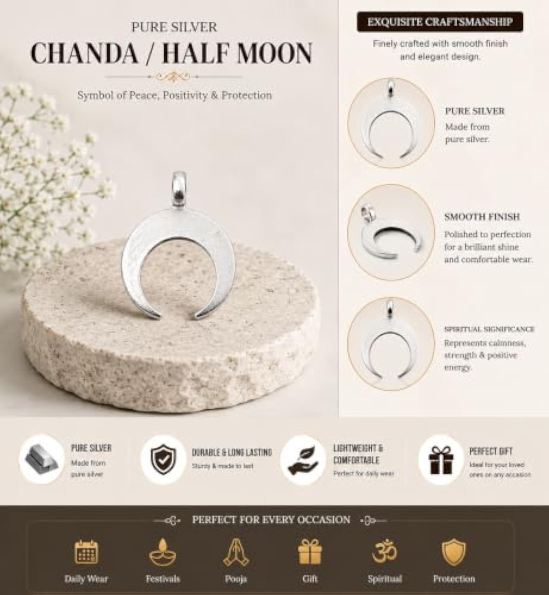 Pure Chand/Moon Pendant, Minimal Crescent Nazar Protection Charm