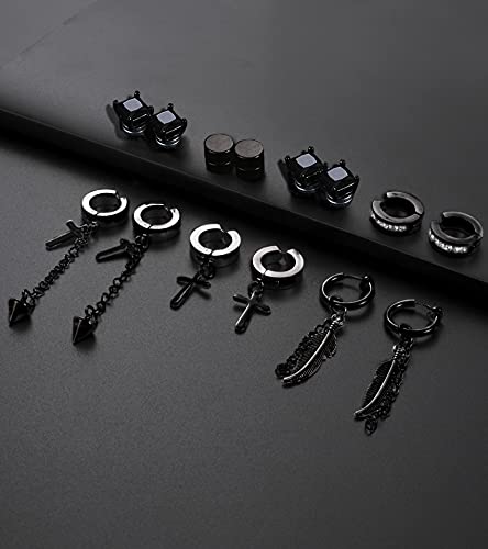 Ofeiyaa 12 Pairs Magnetic Stud Earrings Stainless Steel Cz Hoop Punk Cross Feather Dangle Hinged Non-Piercing Earrings Clip On Magnet Earring Set For Women Men Black Tone #TOP5