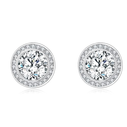 Image of Platinum Plated Round Simulated Diamond Halo Earrings, Stud Earrings for Women, Sparkling CZ Diamond Look Earring, Elegant Gift for Women Girls