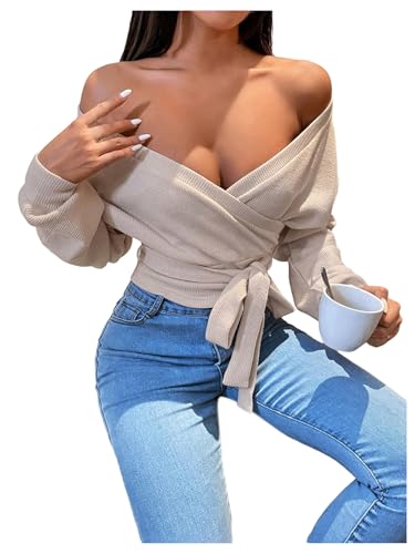 SweatyRocks Women's Wrap Off Shoulder Tops Sexy Tie Waist Long Sleeve Crop Knit V Neck Top Outfits2