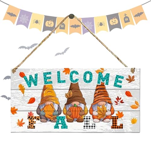 Cartel de madera para otoño - Cartel de bienvenida para decoración de pared, cartel de bienvenida para puerta de entrada de otoño | Gnomo cartel de madera para puerta de entrada, gnomo de pared para