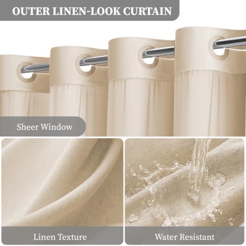 BTTN Ringless Shower Curtain Set, Linen Textured Fabric Shower Curtain with Snap-in Liner, Waterproof & Washable, Modern Hotel Shower Curtain for Bathroom with Mesh Top Window, 72x75, Beige/Cream - 2