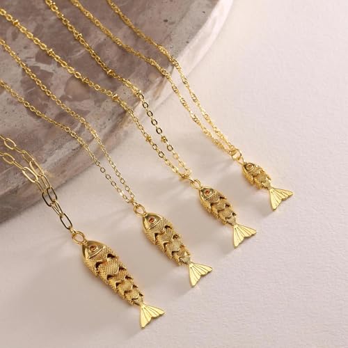 LIU JUN Movable 3D Articulated Fish Necklace, Gold Pave Fish Pisces Sea Lover Lucky Fish Pendant Necklaces For Women Men Summer Beach Trendy Jewelry Gifts2