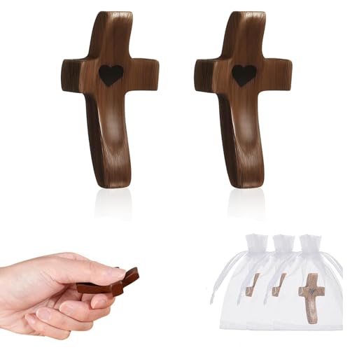 Brevynx 2 Pcs Pocket Wooden Cross Fidget - Cross My Heart with Organza Bags - Stress Relief Fidget for Christian Religious Christian Easter Day