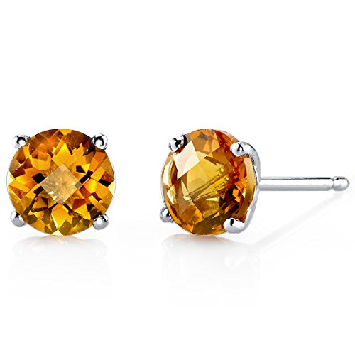 Peora Solid 14K White Gold Genuine Citrine Solitaire Stud Earrings for Women, Hypoallergenic 1.50 Carats total Round Shape AAA Grade, November Birthstone, Friction Backs, Fine Gold Jewelry