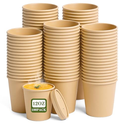 100 Pcs 12oz Kraft Soup Bowls with Vented Lids for Soup & Ice Cream
