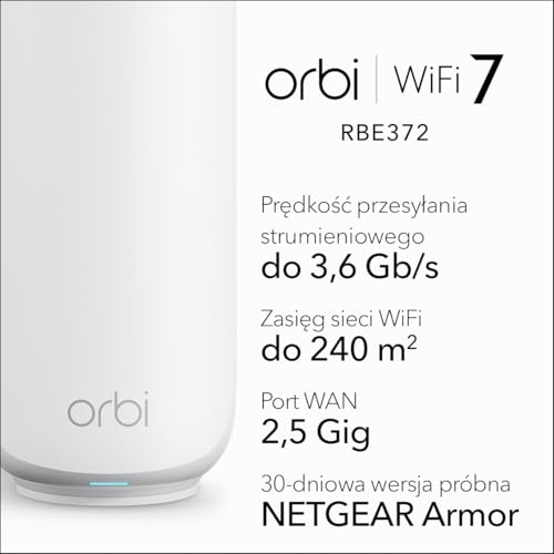 NETGEAR Orbi Dwupasmowy system Mesh WiFi 7 serii 370 do użytku domowego (RBE372) — router + 1 wzmacniacz, funkcje zabezpieczeń, 3,6 Gb/s, zasięg 240 m2, 70 urządzeń, port internetowy 2,5 GB, BE3600