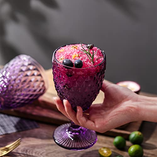 Everest Global Purple Glass Goblets Set Of 6 Stemware 10 Oz Embossed With Geometric Diamond Pattern Solid Color Glassware For Party, Thanksgiving, Anniversary, Christmas And Daily Use Gifts For Women #TOP3