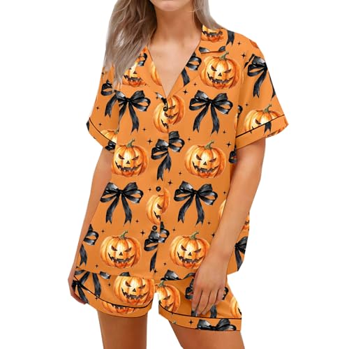 ICNGLKSND Halloween Satin Pajamas Set for Women Cute 2 Piece Graphic Pj Set Button Down Short Sleeve Shirt Shorts Lounge Set3