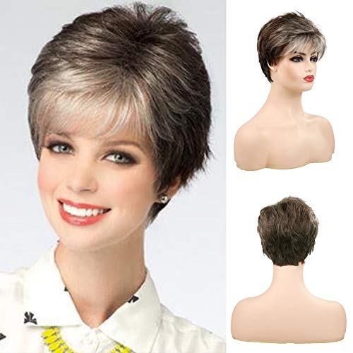 Sallcks Short Grey Wig Pixie Layered Natural Looking Grey Mixed Brown Synthetic Daily Cosplay Costume Replacement Wigs for Older Women