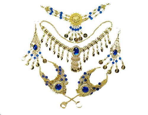Female belly dance performance Indian dance headdress Indian dance dance accessories six-piece set, party accessories (Sapphire blue six-piece set)