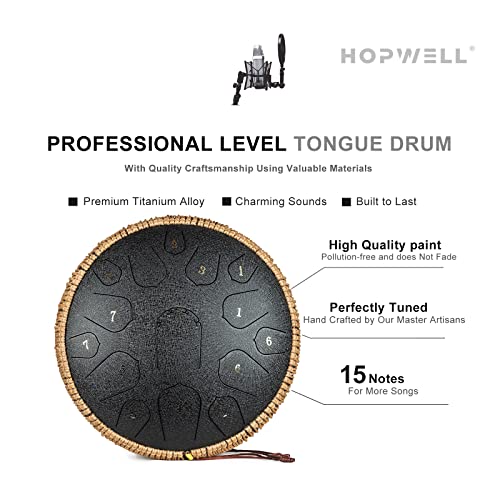 Image of Steel Tongue Drum - HOPWELL 15 Note 14 Inch Tongue Drum - Hang Drum Instrument - Hand Pan Drums with Music Book, Steel Handpan Drum Mallets and Carry Bag, D Major (Black)