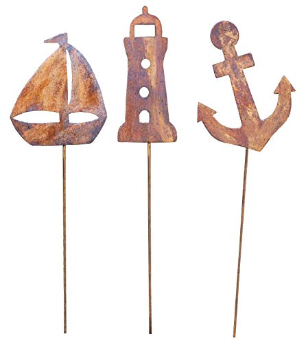 Küstenambiente 3er Set Maritime Gartendeko Edelrost Segelboot Leuchtturm Anker Beetstecker Gartenstecker Höhe 60-70cm Cover