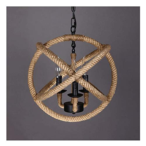 Suspension industrielle 3 lumières en corde de chanvre et métal cage ronde D530 mm