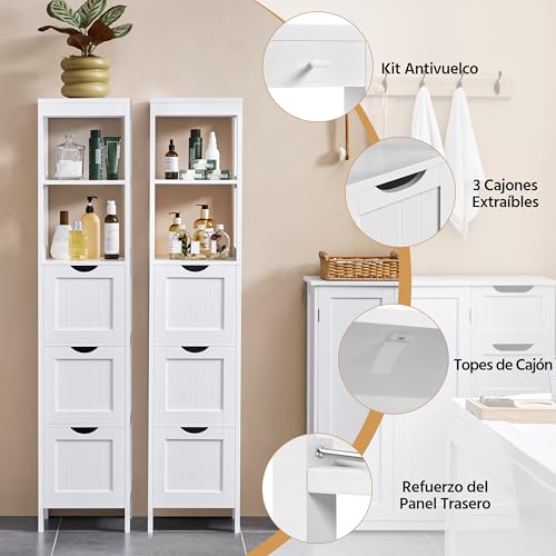 Miniatura 4 de Yaheetech Armario Alta De Baño Mueble Auxiliar De Baño Con 2 Estantes Abiertos Y 3 Cajones 30x30x142 Cm Blanco