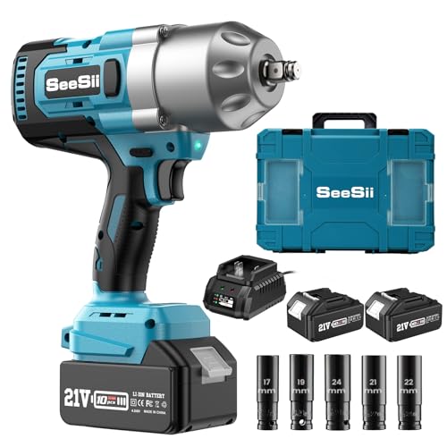 Seesii Llave de Impacto 1300Nm sin Escobillas, Professional 1/2'' Pistola de Impacto 8000mAh Batería, Alto Par de Apriete Para Cambio de Neumáticos de Camiones y Coc...