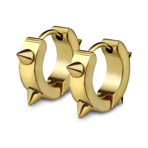 Rivets Hoop Earrings Awl Taper Punk Rock Hypoallergenic Stainless Steel Spikes Piercing Taper Huggie Hinged Earrings (Gold-1PAIR) Cover