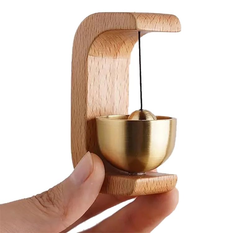 Image of Shopkeeper Bell Japanese Style Wooden Door Chime | Copper Bell Sound Alert for Shops, Homes & Offices | No-Drill Stick-On Doorbell | Rustic Oval Design for Door, Wall, Fridge, Cafe Decor