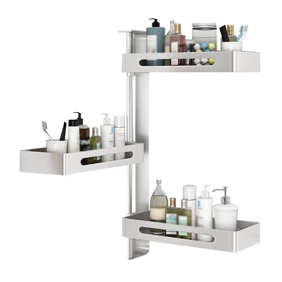 ZzleoyuUUs-12 Bathroom Shelves 3-Tier Wall Mounted Bathroom Storage Rack Height-Adjustable 180 Swivel Bathroom Organizer No-Drilling Aluminum Bathroom Rack