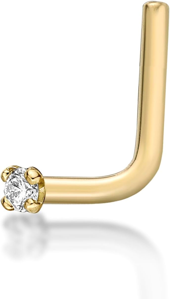 Lavari Jewelers 20 Gauge 0.01 to 0.07 Carat Lab Grown Diamond L-Shaped Nose Stud for Women - 14k White Gold 1.3 to 2.7 (D-E, VVS1-VVS2 to I2-I3, cttw) Nose Ring - 20G Unisex Nostril Piercing Jewelry