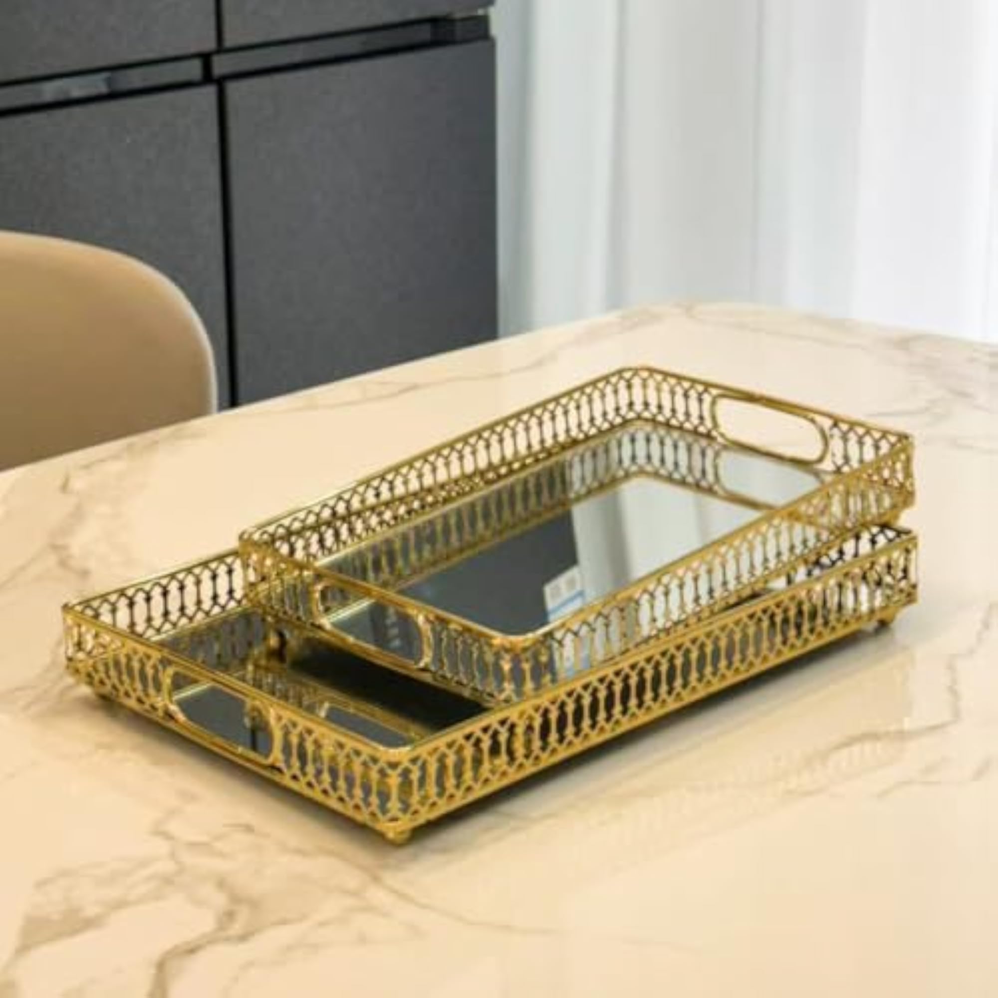 Ornate Mirrored Glass Tray, Rectangular Vanity Organizer