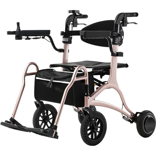 3 in 1 Electric Wheelchair & Lightweight Rollator Walker with Seat & Foldable Transport Wheel Chair for Seniors Adults, Motorized Mobility Scooters, All Terrain (Pink Gold)
