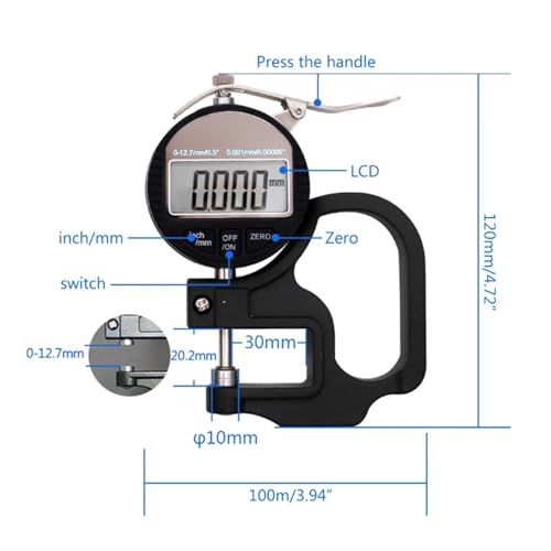 Calibrador digital de espesores de 0,4 pulgadas / 10 mm, resolución de 0,0005 pulgadas / 0,01 mm, para papel, película, tela y cinta miniatura 4