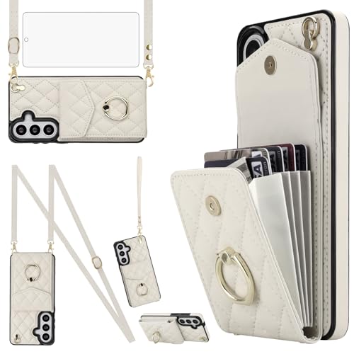 Asuwish Phone Case for Samsung Galaxy S26 5G Wallet Cell Cover with Tempered Glass Screen Protector Crossbody Wrist Strap Ring RFID Blocking Card Holder S 26 26S G5 6.3 inch Women Men Girls Off White