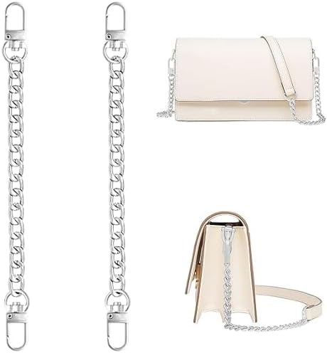VIGHNESHWER TRADERS 2 PCS Purse Chain Strap, Flat Handbag Replacement With Metal Buckles, Extender Bag Accessories Decoration for Wallets & Handbags (7.87 Inches, Silver)