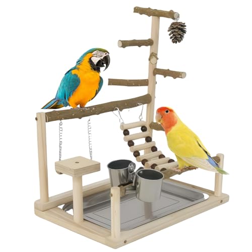 LEKEFETO Parque infantil de madera para loro, parque infantil para pájaros con escalera, columpio y comedero, juguete para cacatúas y otros pájaros, 37 x 37 x 26 cm