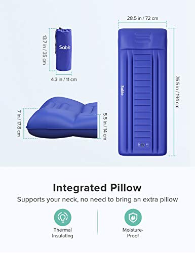Sable Camping Sleeping Pad/Mat, Most Comfortable Camp Sleep Air Mattress with Built-in Pillow & Pump, Insulated & Ultralight, Compact Portable Fast Inflatable for Backpacking Hiking Tent, 5R-Value - Thumbnail 4