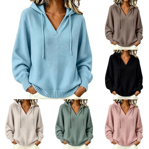 Womens Hooded Sweaters Long Sleeve V Neck Drawstring Cable Knit Sweater - image 1