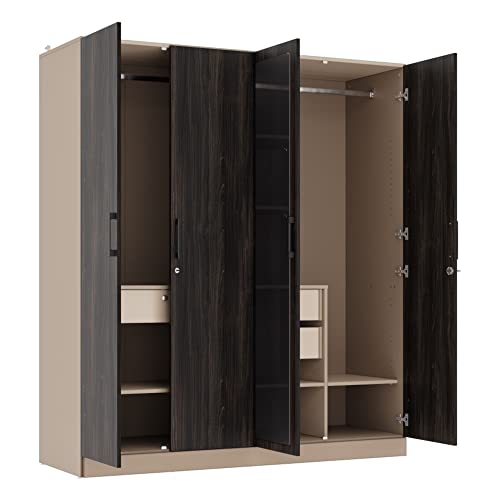Image of Wakefit Wardrobe | 1 Year Warranty | Engineered Wood Almirah, Cupboard for Clothes Storage | 4 Door, Mirror, 5 Shelves, 1 Partition, 3 Drawers, 2 Hanging Space | Cashmere Plus - Frappe-Wyoming Maple