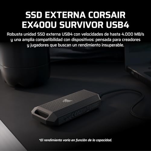 Almacenamiento SSD portatil 2TB Corsair EX400U USB4 rapido resistente negro 4